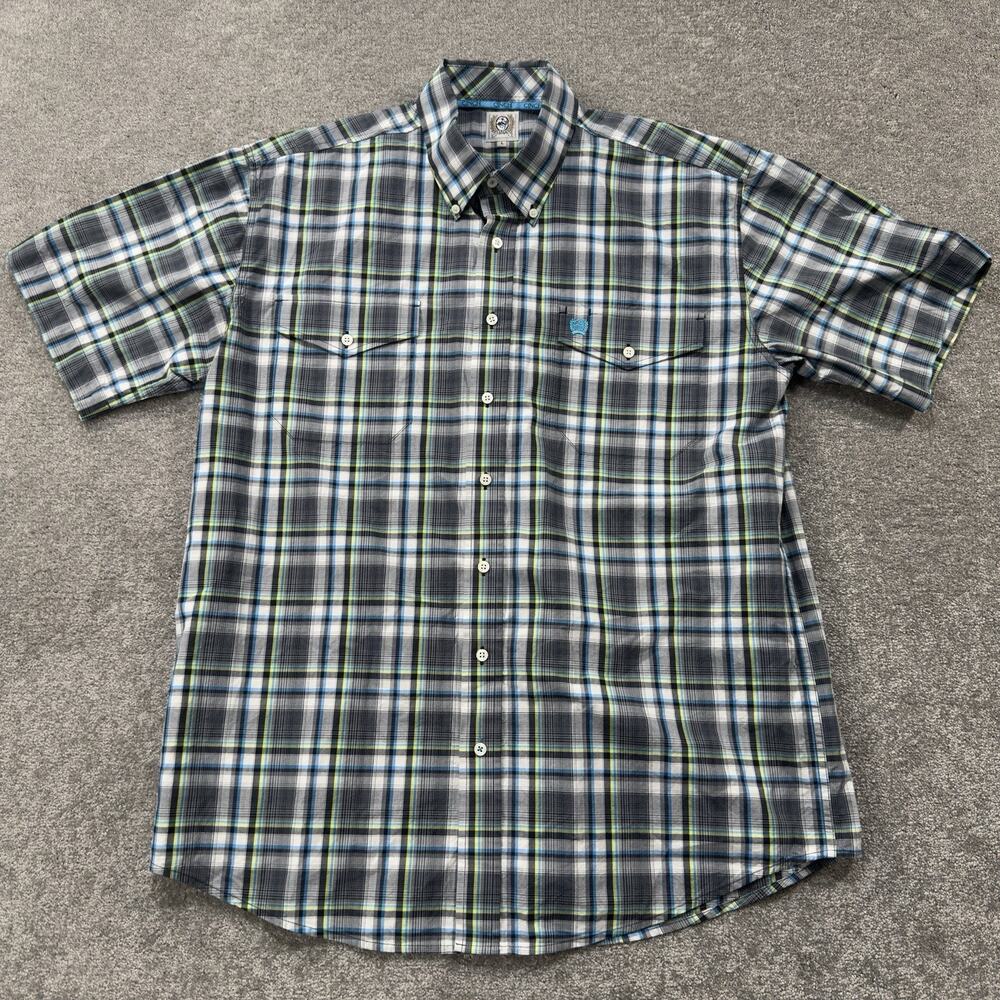 Cinch Plaid Button Front Western Shirt Short Sleeve L Cotton Rodeo Ranch Country